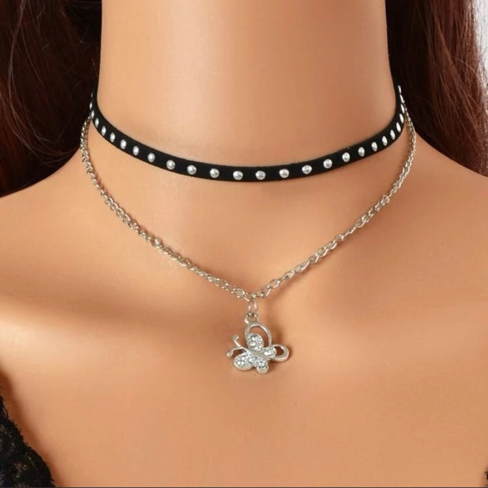 ❤️Layered Black Studded Choker and Silver Butterfly Necklace - Picture 1 of 4